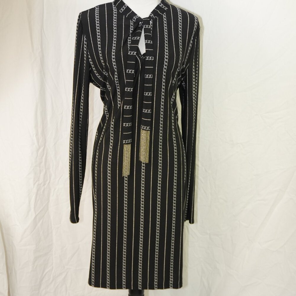 Michael Kors Black and Silver Chain Pattern Midi Dress